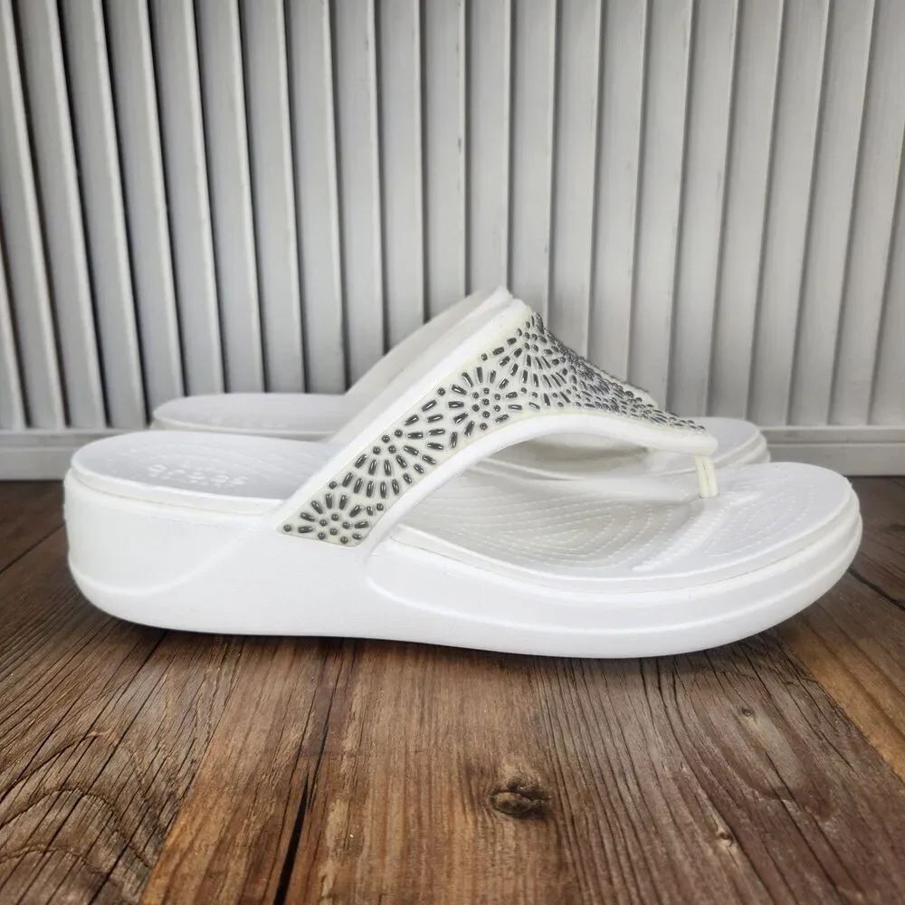 Crocs Monterey Diamante Wedge Flip Flops Womens Sz 11 White Rhinestones Sandals